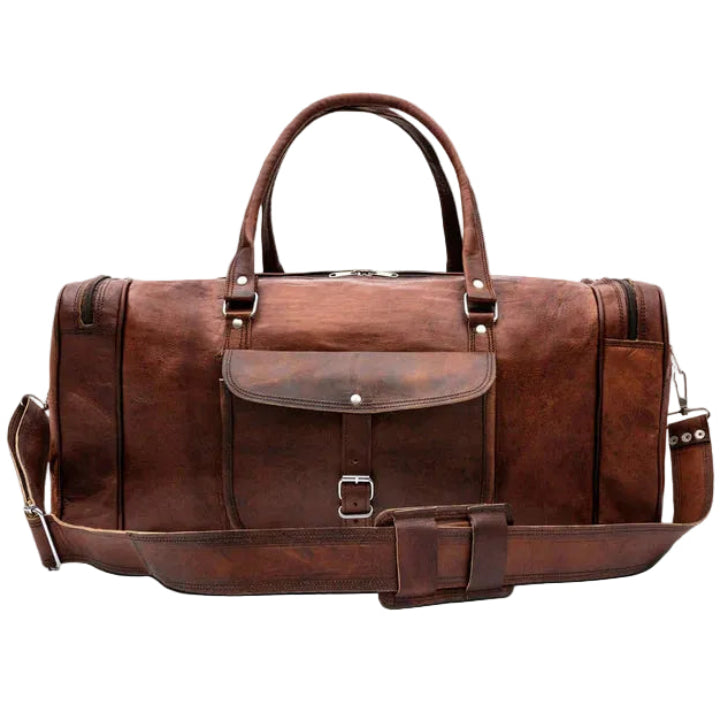 Brown leather duffel bag on a light gray background