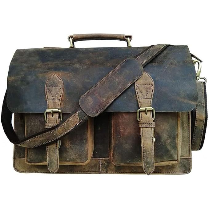 Oslo – Vintage Buffalo Leather Laptop Work Briefcase – front view