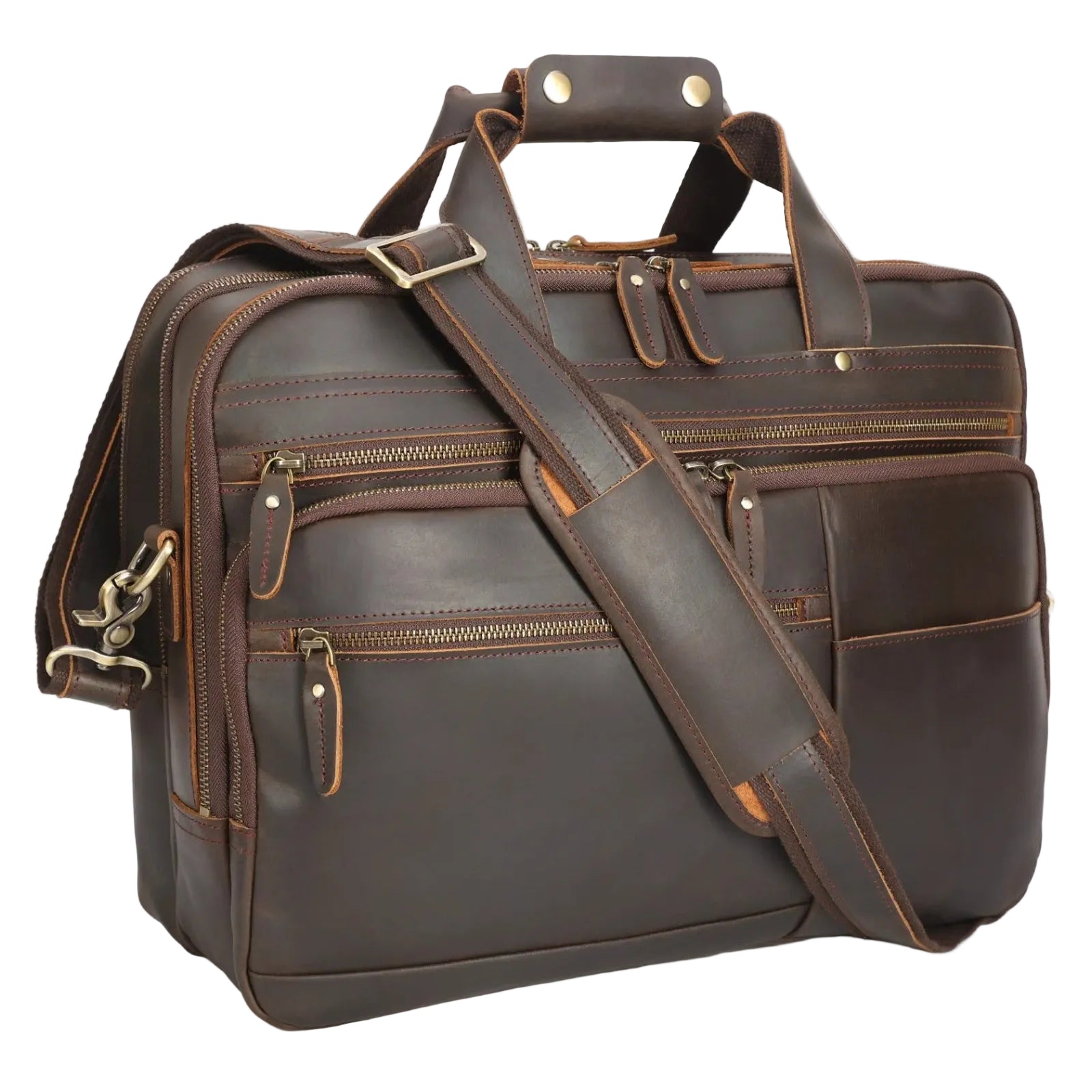 Brown leather briefcase with shoulder strap on a white background