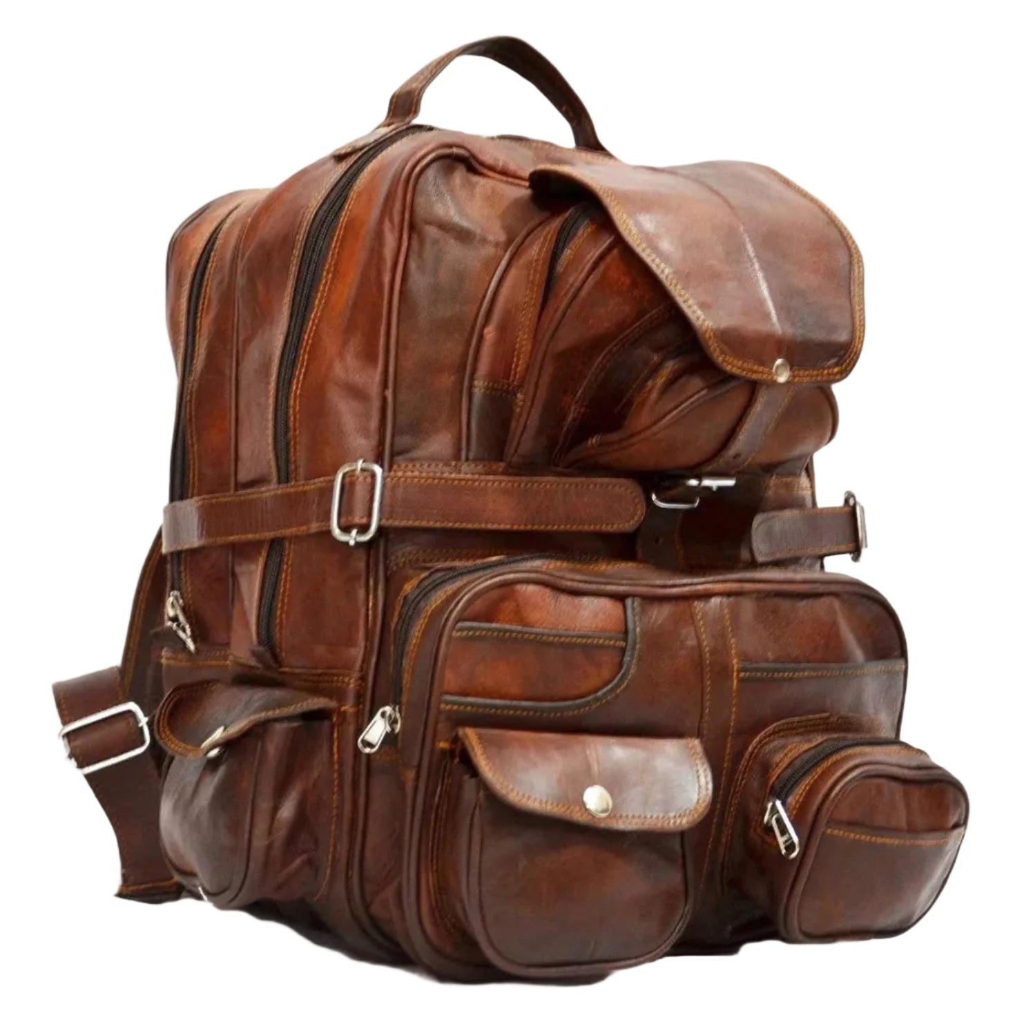 Brown leather backpack with multiple pockets and straps on a white background