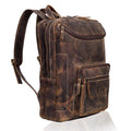 A distressed brown leather backpack with multiple zippered compartments, shown from a three-quarter angle on a white background with a subtle reflection.